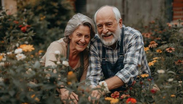 Senior couple gardening together in colorful cottage flower beds, smiling and tending