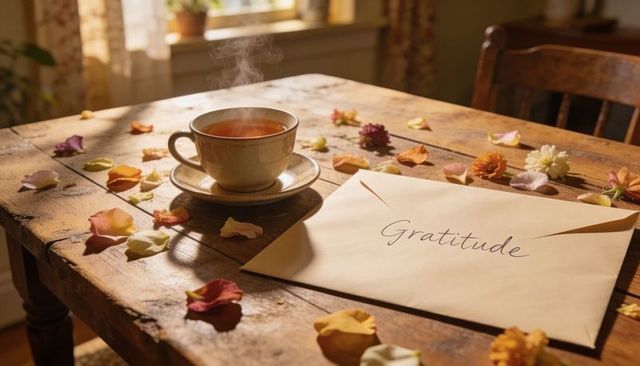 Morning gratitude letter with steaming tea and scattered flower petals on rustic table