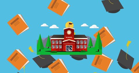 Books and graduation caps surrounding school icon on blue background