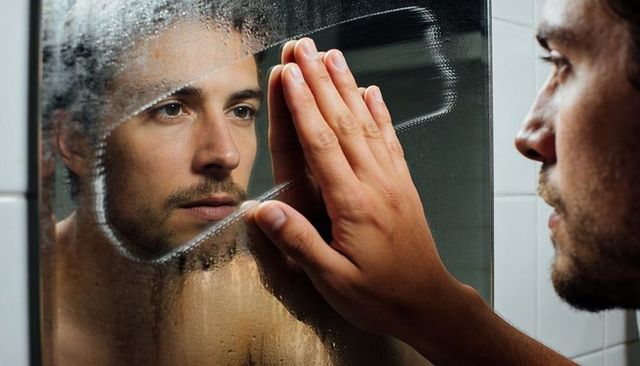 Shirtless man wiping steamed mirror, intimate reflection and morning routine