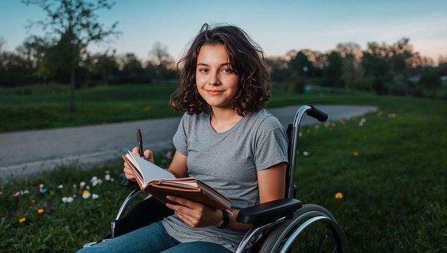 Teen girl in wheelchair journaling at golden hour in park for inclusion, wellness, education