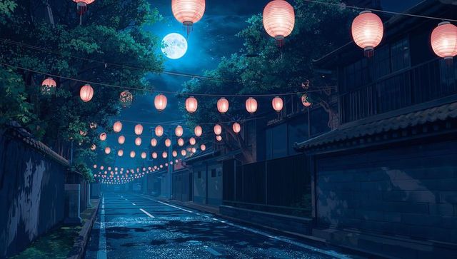 Serene Night Street with Hanging Red Lanterns and Full Moon Reflections