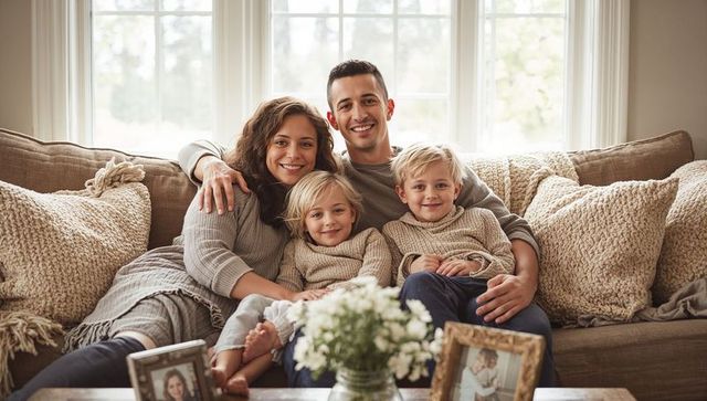 Cozy family of four cuddling on sofa in neutral knit sweaters, warm living room portrait
