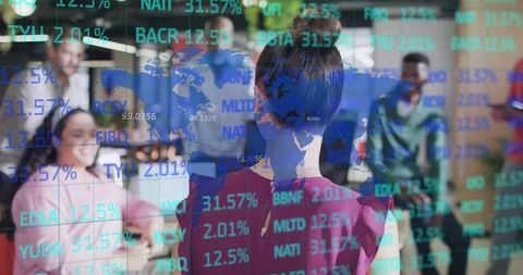 Businesswoman Presenting Global Market Trends in Modern Office