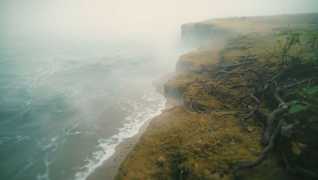 Eroded coastal cliff with twisted roots in thick fog