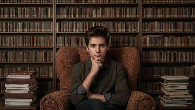 Contemplative young student sitting in vintage library armchair surrounded by bookshelves