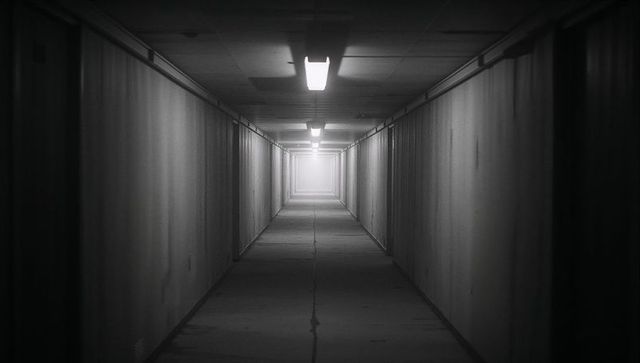 Monochrome underground corridor extending into darkness