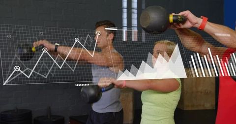 Swinging kettlebell group with digital performance graphs for fitness analytics insights
