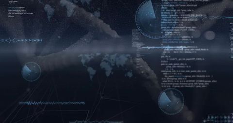 Centering glowing world map on dark cyber dashboard with HUD radars and blurred code streams