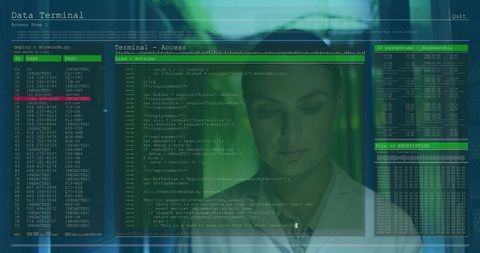 Cybersecurity Expert Review Stack in High-Tech Server Room with Code Overlay