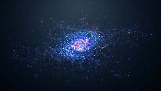 Rotating luminous spiral galaxy with pink core and blue-purple nebula glow, particle bokeh