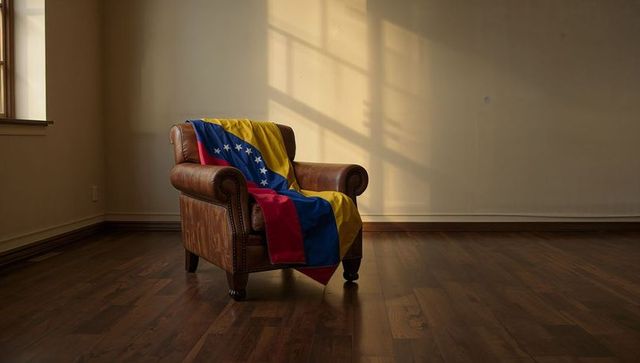 Venezuelan flag draping leather armchair in sunlit minimalist interior with window shadows