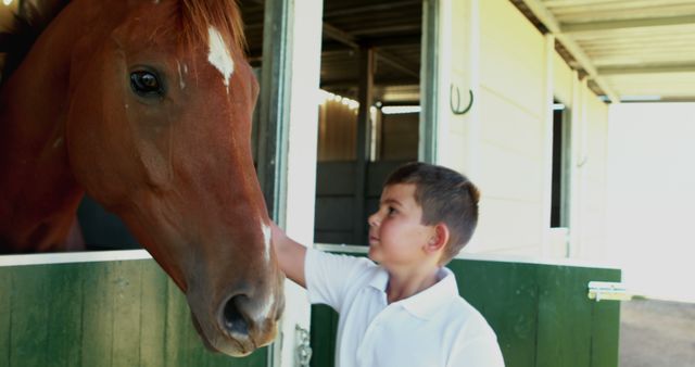 Young boy petting a horse in a stable on a sunny day. The image captures a moment of bonding and companionship between the child and the animal, set in a rural countryside. It can be used for themes like equestrian activities, animal love, countryside lifestyle, and children's outdoor activities.