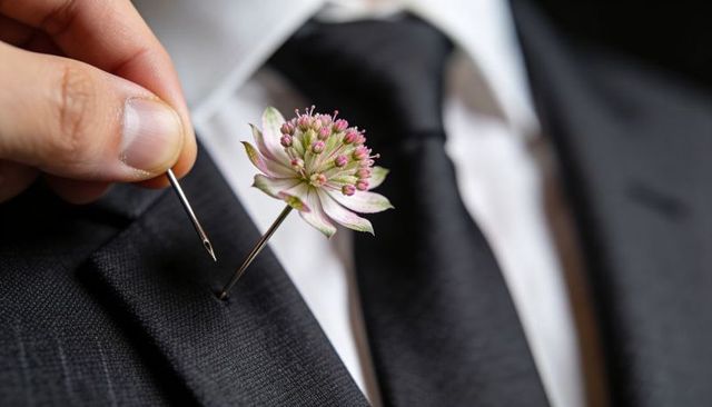 Groom pinning delicate pink boutonniere on black suit lapel closeup wedding detail