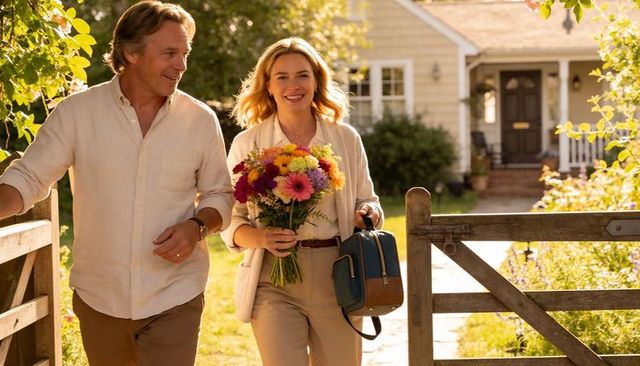 Sunlit middle-aged couple walking through garden gate carrying bouquet and leather satchel