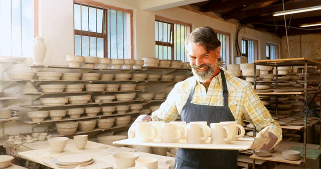 Smiling Mature Potter with Tray of Ceramic Mugs in Studio - Download Free Stock Images Pikwizard.com