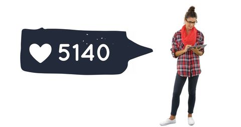 Woman Engaged with Social Media High Like Count on White Background