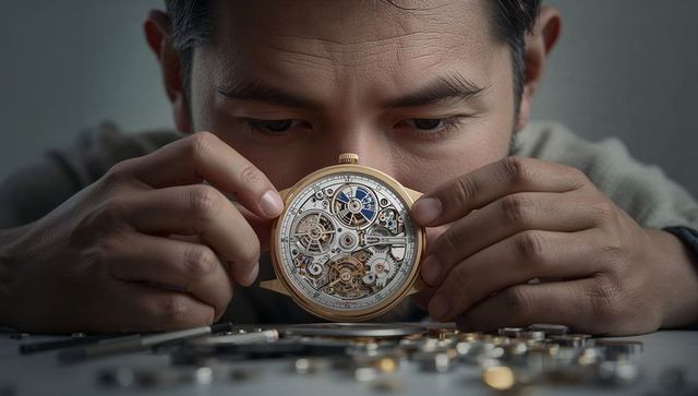 Inspecting skeleton pocket watch movement, watchmaker examining intricate mechanical gears