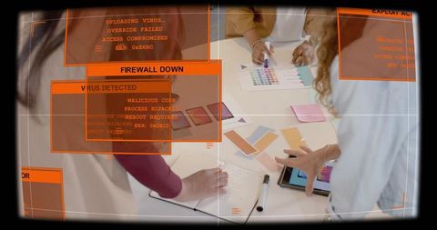 Creative team collaborating over color swatches and tablet with cybersecurity ar overlay