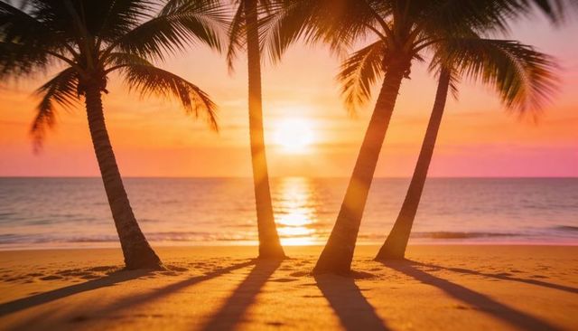 Golden tropical sunset through palm trees casting long shadows on quiet beach