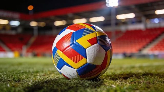 Vibrant multicolor soccer ball resting on trimmed grass in night stadium under floodlights
