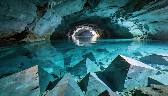 Glowing Turquoise Underground Lake in Limestone Cavern with Submerged Geometric Boulders
