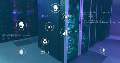 Eco Icons Overlay on Data Center with Green Technology Interface - Download Free Stock Images Pikwizard.com