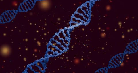 Rotating blue dna double helix floating in cosmic particle field for genomics