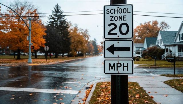 Wet suburban school zone sign showing 20 mph left arrow at autumn crosswalk with leaves