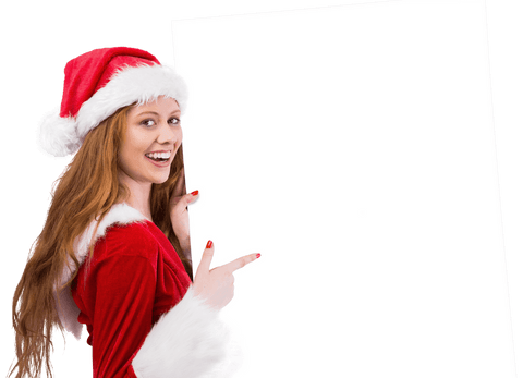 Smiling Woman in Santa Hat Holding Transparent Poster