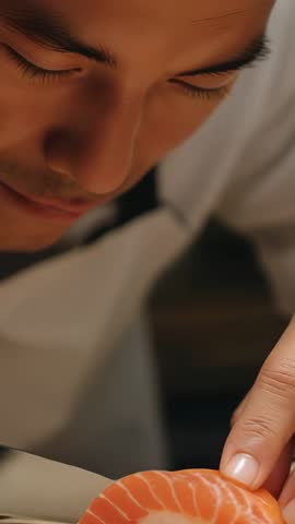 Chef slicing salmon sashimi with precision technique for culinary artistry vertical video