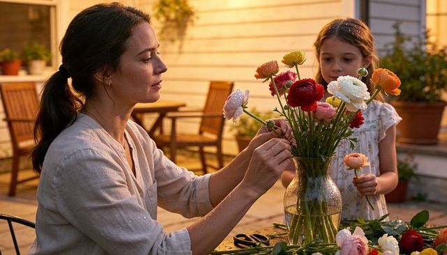 Mother and daughter arranging ranunculus bouquet on porch at golden hour