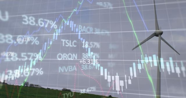 Financial Data Processing Overlay with Windmill in Background Representing Renewable Energy Market - Download Free Stock Images Pikwizard.com