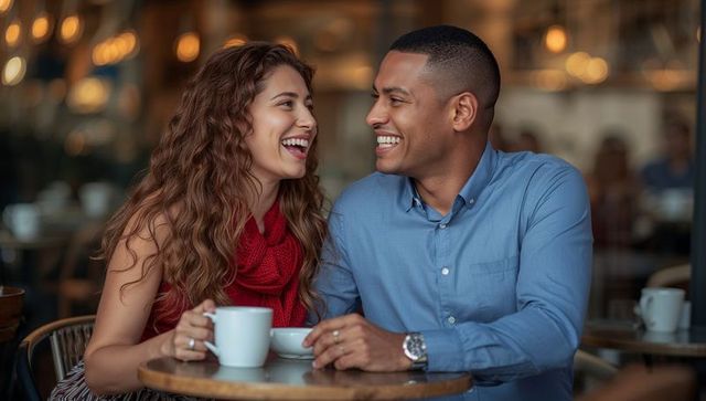 Smiling Couple Enjoying Coffee Together at Modern Cafe
