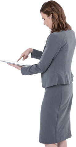 Transparent businesswoman using tablet focused side view