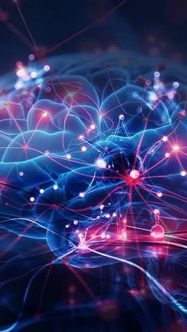 Vertical neural network simulation pulsing along filaments transmitting data in futuristic