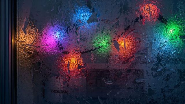 Frosted window glowing with colorful string lights through condensation