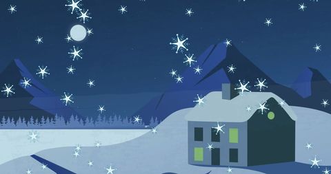 Santa in Sleigh Flying Over Winter Wonderland Night Landscape