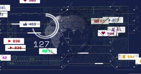 Futuristic HUD dashboard overlaying globe and map with social notification counters