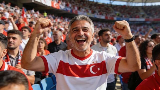 Cheering turkish football fan raising fists wearing crescent-star jersey in stadium