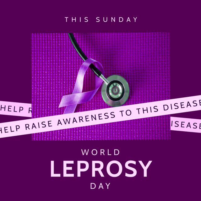 Bright and bold banner featuring a stethoscope intertwined with a purple ribbon promotes World Leprosy Day awareness and calls for action and support. Ideal for health campaigns, educational materials, and social media posts focusing on healthcare awareness and disease prevention.
