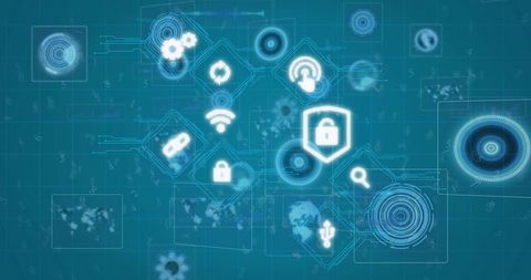 Glowing Cybersecurity HUD with Shield Padlock, Wi-Fi Icons and Network Visualization