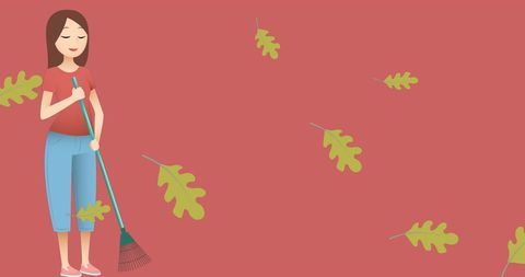 Woman raking leaves on red autumn background