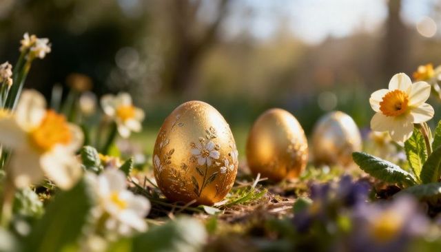 Golden floral easter eggs nestled in spring garden among daffodils and sunlight