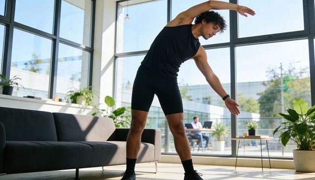 Young man stretching sideways in sunlit minimalist living room doing home workout routine