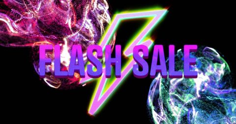 Striking design featuring bold flash sale text overlaid with neon lightning and swirling colorful waves. Ideal for promoting online sales events, retail discounts, or marketing campaigns needing an eye-catching digital design.