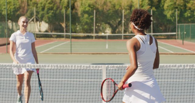 Image of happy diverse female tennis players holding rackets and clapping hands. professional tennis training, sport and competition concept.