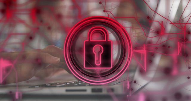 Bright pink digital lock symbol overlaying blurred image of person working on a laptop, indicating advanced cyber security measures. Ideal for illustrating articles, blog posts, and educational content about cyber security, data protection, IT security, and the importance of digital safety in modern technology.