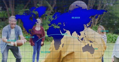 Seniors Standing and Socializing in Park with Global Digital Map Overlay