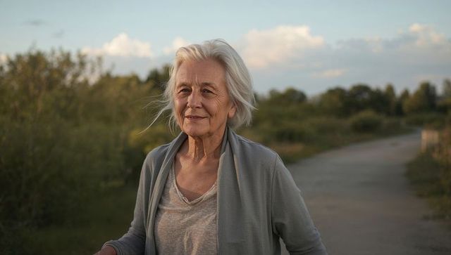 Senior woman walking on paved park trail at golden hour, calm outdoor lifestyle portrait